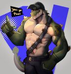 abs absurd_res ammo_belt anthro arm_tattoo barazoku baseball_cap belt black_bottomwear black_clothing black_hat black_headwear black_pants black_speech_bubble black_spikes bottomwear clothing crocodile crocodilian digital_media_(artwork) facial_spikes gesture green_body half-length_portrait hand_gesture hat headgear headwear hi_res jaw_spikes looking_at_viewer mace_tail male megadolix motivating moyrak_(megadolix) muscular muscular_anthro muscular_male neck_spikes pants pecs portrait reptile scalie shirtless solo spiked_tail spikes spikes_(anatomy) tail tattoo weapon_tail