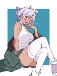  1girl ahoge asticassia_school_uniform breasts crossed_legs dark-skinned_female dark_skin grey_hair gundam gundam_suisei_no_majo highres jacket jacket_partially_removed large_breasts looking_at_viewer off_shoulder open_mouth school_uniform secelia_dote short_hair sitting solo thighhighs white_thighhighs yoshi_taka_(y_04taka) 