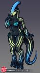  2022 3_toes 4_fingers anthro artist_logo belly belly_overhang big_breasts big_tail bikini biped black_body black_eyes black_scales blue_bikini blue_body blue_claws blue_clothing blue_markings blue_scales blue_swimwear blush breasts cel_shading claws clothed clothing digital_drawing_(artwork) digital_media_(artwork) digitigrade dinosaur eyelashes feet female finger_claws fingers floral_print front_view gradient_background grey_background hadrosaurid hi_res humanoid_hands juliet_(drafteddragon) knock-kneed logo long_tail looking_at_viewer markings multicolored_body multicolored_scales non-mammal_breasts ornithischian parasaurolophus predaguy print_bikini print_clothing print_swimwear reptile scales scalie shaded side-tie_bikini simple_background skimpy skimpy_bikini slightly_chubby slightly_chubby_anthro slightly_chubby_female smile smiling_at_viewer snout solo standing striped_markings stripes swimwear tail_dimple tapering_tail thick_tail thick_thighs toe_claws toes wide_hips yellow_body yellow_markings yellow_scales 