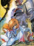  1boy 1girl aiming aiming_at_viewer belt blonde_hair bodysuit breasts brown_eyes brown_hair closed_mouth danguard_ace gloves grey_gloves gun hair_over_one_eye handgun helmet highres holding holding_gun holding_weapon lisa_kirino looking_at_viewer mecha mecha_pilot_suit medium_breasts medium_hair on_one_knee one_eye_covered robot sano_hirotoshi short_hair sitting takuma_ichimonji third-party_source wakusei_robo_danguard_ace weapon white_bodysuit yellow_eyes 