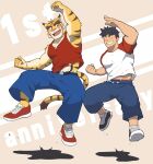  2boys absurdres animal_ears anniversary arms_up bara biceps black_hair blue_pants blue_shoes blush clenched_hands commentary_request furry furry_male grin highres hiroyuki_nishimura_(morenatsu) jumping looking_at_another male_focus morenatsu multiple_boys muscular muscular_male open_mouth pants red_shoes red_tank_top shirt shoes smile tail tank_top tiger_boy tiger_ears tiger_stripes tiger_tail torahiko_oshima voitman2024 white_shirt yellow_fur 
