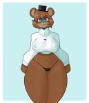 absurd_res anthro bear big_breasts black_clothing black_nose black_thong black_top_hat black_underwear blue_background border breasts brown_body brown_fur brown_hair camel_toe clothing crossgender eyelashes female five_nights_at_freddy&#039;s freddy_(fnaf) front_view fur hair hi_res looking_at_viewer mammal navel nipple_outline scottgames short_hair simple_background smile solo sweater thick_thighs thigh_gap thong topwear underwear white_border white_clothing white_sweater white_topwear wide_hips zhenai