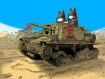  4boys blue_sky boulder cactus cannon cat_boy caterpillar_tracks desert highres jerry_can military_vehicle motor_vehicle multiple_boys original rock semovente_47/32 sky soldier tank tow_hook turretless_tank vehicle_focus yabarn 