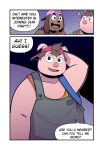  backpack backwards_baseball_cap backwards_hat baseball_cap brown_body brown_hair canid canine canis clothing comic dialogue domestic_dog domestic_pig duo english_text eye_contact front_view hair hand_behind_head hat headgear headwear hi_res long_ears looking_at_another looking_back male mammal multiple_scenes octavio_(t0l0k) overalls pink_body pink_clothing pink_hat pink_headwear red_cap roy_(t0l0k) speech_bubble suid suine surprised sus_(pig) t0l0k text two_frame_image 