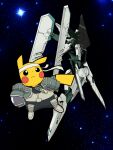  animal_focus bodysuit clothed_pokemon cosplay crossover floating grey_bodysuit headband helmet highres holding holding_unworn_helmet jacket leo_stenbuck leo_stenbuck_(cosplay) looking_ahead mecha mecha_pilot_suit pikachu pokachuu pokemon pokemon_(creature) pokemon_focus robot space unworn_headwear unworn_helmet vic_viper white_headband zone_of_the_enders_2 
