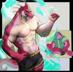 5_fingers abs absurd_res anthro aquatic_dragon black_bottomwear black_clothing black_shorts bottomwear clothed clothing crossed_legs digital_media_(artwork) dragon elemental_manipulation fin fingers green_tongue hand_on_hip head_fin hi_res male marine megadolix muscular muscular_anthro muscular_male mythological_creature mythological_scalie mythology navel pecs red_body scalie sharp_teeth shirt shorts sitting solo swimming_trunks swimwear tail teeth tongue tongue_out topless topless_anthro topless_male topwear vest water_manipulation white_body yellow_eyes