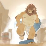  1boy 3think_333 animal_ears bara belly bucket bulge chinese_commentary claws closed_mouth commentary_request fat fundoshi furry furry_male highres japanese_clothes lion_boy lion_ears lion_mane lion_tail looking_down male_focus navel nipples original pawpads ross_lion shorts tail undressing unworn_shorts wooden_bucket 
