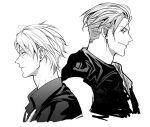  2boys ahoge back-to-back bakshi_christensen closed_mouth collared_shirt earrings from_side giancarlo_bourbon_del_monte greyscale height_difference highres hood hood_down hooded_jacket implied_yaoi jacket jewelry lucky_dog_1 male_focus miyamoyan monochrome multiple_boys necktie parted_bangs profile shirt short_hair simple_background sleeveless sleeveless_jacket smile upper_body white_background 