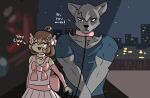  canid canine canis clothed clothing crossdressing domestic_dog duo girly hi_res leash_and_collar male male/male mammal night percey percey_(character) public_humiliation size_difference small_dom_big_sub submissive submissive_male text walking wolf 