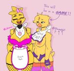 animatronic anthro apron areola avian beak bib big_breasts bird bottomwear breasts chica_(fnaf) chicken cleavage clothed clothing dress duo eyelashes eyes_closed feathers female fingerless_gloves five_nights_at_freddy&#039;s front_view galliform gallus_(genus) glazeddd gloves green_eyes handwear head_feathers head_tuft hi_res jewelry machine navel necklace nipples open_mouth orange_areola orange_nipples phasianid pink_background pink_bow pink_clothing pink_dress purple_bottomwear purple_clothing purple_gloves purple_handwear purple_shorts robot scottgames shorts simple_background text thick_thighs topless tuft wide_hips yellow_body yellow_feathers zhenai