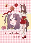  1girl animal_ears apple brown_hair character_name food fruit high_heels highres holding holding_food holding_fruit horse_ears horse_girl horse_tail king_halo_(umamusume) mayuchi427 open_mouth red_eyes red_shorts red_skirt shorts skirt smile solo tail umamusume 