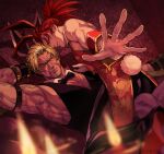  2boys animal_ears artist_name bara beowulf_(fate) black_pants bow bowtie candle facial_hair fate/grand_order fate_(series) implied_yaoi li_shuwen_(fate) li_shuwen_(young)_(fate) long_hair male_focus multiple_boys muscular muscular_male pants playboy_bunny rabbit_ears red_hair renga2250 scar scar_on_face smile tattoo yaoi 