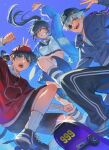  1girl 3boys absurdres apple_print arm_up backwards_hat baseball_cap black_eyes black_hair black_hat black_pants black_shoes blue_jacket blue_shorts charm_(object) chibi_on_shoulder commentary crop_top eyepatch food_print fruit_print hat highres jacket jumping kim_namwoon lee_gilyoung lee_jihye leg_warmers multiple_boys omniscient_reader&#039;s_viewpoint open_mouth pants papercider ponytail red_eyes red_hat red_shirt shirt shoes shorts skateboard smile striped_clothes striped_leg_warmers striped_pants symbol-only_commentary white_hair white_leg_warmers white_shirt yoo_joonghyuk 