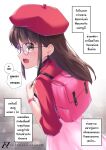 1girl artist_logo artist_name backpack bag brown_eyes brown_hair dress glasses hat highres jacket long_hair lusan666 open_mouth original pink_bag pink_dress red_hat_girl_(lusan666) red_headwear red_jacket speech_bubble thai_commentary thai_text translation_request 