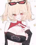  1girl ame_amean arms_at_sides bandeau bare_shoulders birthday black-framed_eyewear black_bandeau black_sleeves blonde_hair blush breasts burnice_white cleavage detached_collar detached_sleeves eyewear_on_head fingernails grin hair_intakes hand_up highres ibispaint ibispaint_(medium) inward_w large_breasts long_fingernails long_sleeves no_jacket print_bandeau red-tinted_eyewear red_eyes sharp_fingernails shiny_skin short_twintails simple_background sleeves_past_wrists smile solo sparkle tinted_eyewear turtleneck twintails upper_body w white_background zenless_zone_zero 