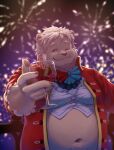  1boy absurdres animal_ears bara belly chinese_commentary claws closed_mouth coat commentary_request fat fireworks furry furry_male guadr highres leo_von_narcis_(xxl) lion_boy lion_ears lion_mane looking_at_viewer male_focus midriff navel one_eye_closed pawpads plump red_coat shirt smile white_shirt xxl_woofia 