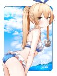  1girl alternate_costume alternate_hairstyle anchor_hair_ornament ass bent_over bikini blonde_hair blue_bikini blue_sky breasts day frilled_bikini frills hair_ornament highres kantai_collection long_hair outdoors ponytail shimakaze_(kancolle) sky small_breasts solo swimsuit tiemu_(man190) very_long_hair yellow_eyes 