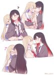  2girls applying_lipstick applying_makeup applying_manicure azusawa_kohane beru_popooo black_hair blonde_hair blue_hair blue_nails blue_necktie blush brown_eyes brown_shirt cardigan closed_eyes closed_mouth colored_inner_hair commentary couple diagonal-striped_clothes diagonal-striped_necktie earrings eye_contact grey_cardigan hand_on_another&#039;s_cheek hand_on_another&#039;s_face highres hug hug_from_behind jewelry kamiyama_high_school_uniform_(project_sekai) kiss long_hair long_sleeves looking_at_another miyamasuzaka_girls&#039;_academy_school_uniform multicolored_hair multiple_girls multiple_rings nail_polish necktie official_alternate_hair_length official_alternate_hairstyle orange_eyes project_sekai red_hair red_nails ring sailor_collar school_uniform serafuku shiraishi_an shirt simple_background striped_clothes symbol-only_commentary whip_the_wimp_girl!!_(project_sekai) white_background white_sailor_collar yuri 