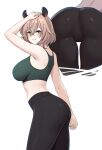  1girl animal_ears arm_up ass bare_arms black_pants blonde_hair breasts commentary crossed_bangs double-parted_bangs elazu english_commentary green_eyes green_sports_bra grin hair_between_eyes hand_on_own_head highres indie_virtual_youtuber large_breasts looking_at_viewer multiple_views nimi_nightmare one_side_up pants short_hair simple_background smile sports_bra tapir_ears tapir_girl white_background yoga_pants 