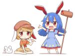  2girls :d animal_ears arata_toshihira barefoot blonde_hair blue_dress blue_hair blush brown_hat chibi chibi_only commentary_request dango dress floppy_ears food frilled_dress frilled_shirt frilled_shorts frills hand_on_own_ankle hat highres holding holding_food holding_mallet inaba_mob_(touhou) kine long_hair mallet moon_print multiple_girls newsboy_cap open_mouth orange_shirt outstretched_hand rabbit rabbit_ears rabbit_girl red_eyes ringo_(touhou) seiran_(touhou) shirt short_hair shorts simple_background sitting smile socks star_(symbol) star_print striped_clothes striped_shorts touhou twintails wagashi white_background white_rabbit_(animal) white_socks yellow_shorts 