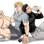  2boys ao_isami aya942841437606 bara black_hair black_shirt blonde_hair blue_shirt blush bottle bracelet commentary_request copyright_request green_eyes highres jewelry lewis_smith male_focus multiple_boys muscular muscular_male shirt shoes short_shorts shorts sneakers sportswear yaoi yuuki_bakuhatsu_bang_bravern 