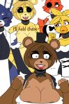 animatronic anthro areola areola_slip avian beak bear big_breasts bird black_nose black_sclera black_top_hat blonde_hair blue_eyes blush blush_stickers bodily_fluids bonnie_(fnaf) breasts brown_areola brown_body brown_fur brown_hair buckteeth canid canine cheek_tuft chica_(fnaf) chicken cleavage clothed clothing crossgender dialogue ellipsis eye_patch eyelashes eyes_closed eyewear facial_tuft feathers female five_nights_at_freddy&#039;s fox foxy_(fnaf) freddy_(fnaf) front_view fur galliform gallus_(genus) golden_freddy_(fnaf) group hair head_feathers head_tuft hi_res lagomorph leporid machine maid_uniform mammal nude open_mouth orange_eyes phasianid purple_body purple_eyes purple_fur purple_hair rabbit robot scottgames short_hair simple_background sweat sweatdrop teeth text tongue tongue_out tuft uniform white_background white_body white_eyes white_fur wide_eyed yellow_body yellow_eyes yellow_feathers yellow_fur zhenai
