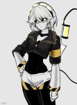android black_sclera breasts clothed clothing disassembly_drone female glitch_productions hair hazard_stripes headgear headwear humanoid m4skedboi machine mechanical_arm murder_drones not_furry robot robot_humanoid short_hair solo tail tailed_humanoid v_(murder_drones) white_body yellow_eyes