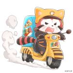  1boy akacal_(calcal-dan) animal_ear_headwear araiguma_calcal-dan artist_request commentary_request copyright_notice english_text food furry furry_male helmet male_focus motor_vehicle motorcycle official_art open_mouth pizza pizza_slice raccoon_boy raccoon_tail tail whiskers white_background yellow_helmet 