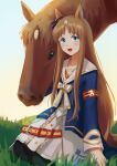  1girl animal_ears black_pantyhose blue_eyes blue_jacket blush bow brown_hair dress ear_bow ear_ornament ear_ribbon field flower grass grass_wonder_(racehorse) grass_wonder_(umamusume) highres himuhino horse horse_ears horse_girl horse_tail jacket long_hair long_sleeves looking_at_viewer multicolored_hair open_clothes open_jacket open_mouth outdoors pantyhose real_life sailor_collar sitting sky smile solo tail umamusume wariza white_dress white_hair 