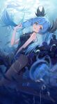 1girl absurdres bare_arms bare_legs black_dress blue_eyes blue_hair breasts dress fish hair_between_eyes hair_ornament hatsune_miku highres jellyfish long_hair looking_at_viewer medium_breasts open_mouth shinkai_shoujo_(vocaloid) solo thighs traum twintails underwater very_long_hair vocaloid 
