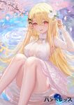 1girl absurdres arm_up armpits bare_legs bare_shoulders blonde_hair breasts cherry_blossoms cleavage convenient_leg detached_sleeves dress feet_out_of_frame flower hair_flower hair_ornament highres hundredth:_match_3 knees_up large_breasts long_hair long_sleeves looking_at_viewer no_bra official_art open_mouth pointy_ears red_eyes ripples sitting sleeveless sleeveless_dress smile solo very_long_hair water white_dress yizhibao 