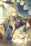  2girls animal_ear_fluff animal_ears arknights arm_out_of_sleeve black_coat black_jacket blonde_hair blue_hairband blush braid character_request child closed_eyes closed_mouth coat collared_shirt commentary couch double-parted_bangs eyelashes eyes_visible_through_hair fluffy_tail hair_over_one_eye hair_over_shoulder hairband highres hugging_tail indoors iop5509 jacket long_hair long_sidelocks multiple_girls necktie on_couch open_clothes open_coat parted_lips print_necktie red_necktie shirt side_braid sidelocks sleeping sleeping_on_person sleeveless smile symbol-only_commentary tail tongue tongue_out vest waistcoat white_shirt wing_collar yellow_eyes 