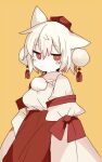  1girl 76gpo ;/ animal_ears closed_mouth hat high-waist_skirt highres inubashiri_momiji looking_at_viewer pom_pom_(clothes) red_eyes red_headwear red_skirt shirt short_hair simple_background skirt solo tokin_hat touhou white_hair white_shirt wolf_ears wolf_girl yellow_background 