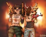 anthro bandage blep canid canine canis clothing cosplay deer domestic_dog duo female gun hi_res mammal nicole_(rakurawr) piercing procyonid raccoon raccoon_dog rakurawr ranged_weapon raygun tanuki tongue tongue_out weapon