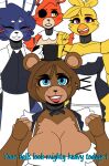 animatronic anthro areola areola_slip avian beak bear big_breasts bird black_nose black_top_hat blue_eyes blush blush_stickers bonnie_(fnaf) breasts brown_areola brown_body brown_fur brown_hair canid canine cheek_tuft chica_(fnaf) chicken cleavage clothed clothing crossgender dialogue eye_patch eyelashes eyes_closed eyewear facial_tuft feathers female five_nights_at_freddy&#039;s fox foxy_(fnaf) freddy_(fnaf) front_view fur galliform gallus_(genus) group hair head_feathers head_tuft hi_res lagomorph leporid looking_at_viewer machine maid_uniform mammal orange_eyes phasianid purple_body purple_eyes purple_fur purple_hair rabbit robot scottgames short_hair simple_background smile talking_to_viewer text tuft uniform white_background white_body white_fur yellow_body yellow_eyes yellow_feathers zhenai