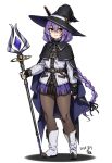 black_gloves black_pantyhose braid braided_ponytail cloak fingerless_gloves gloves hat highres holding holding_staff houtengeki long_hair looking_to_the_side original pantyhose purple_hair smile staff very_long_hair white_background wizard wizard_hat yellow_eyes 