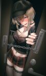  1girl absurdres aderi1020 animal_ears black_choker black_hat black_jacket black_nails black_shirt blue_eyes blush breasts brown_hair cheval_grand_(umamusume) choker cleavage door_lock fishnet_thighhighs fishnets hat heart highres horse_ears jacket jirai_kei large_breasts looking_at_viewer multicolored_hair nail_polish naughty_face navel plaid_clothes plaid_skirt shirt short_hair skirt solo thighhighs tongue tongue_out two-tone_hair umamusume 