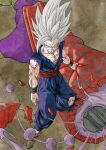  1boy blood blood_from_mouth cell_max dougi dragon_ball dragon_ball_super dragon_ball_super_super_hero floating gohan_beast kakeru_(dbskakeru) male_focus muscular muscular_male red_eyes severed_limb signature solo son_gohan torn_clothes white_hair 