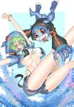  1girl bikini black_bikini black_shorts blue_jacket breasts cosplay cropped_jacket digimon digimon_(creature) digimon_world_re:digitize goggles goggles_around_neck green_hair highres hood hooded_jacket horns jacket large_breasts laser_(akirawai) midair multicolored_bikini orange_eyes red_eyes shinomiya_rina shinomiya_rina_(cosplay) short_hair shorts single_horn swimsuit two-tone_bikini underboob v-mon v-mon_(cosplay) white_bikini 