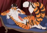  2_tails anthro balls bedroom_eyes biped erection feet felid fur genitals hair hi_res kyren_graves lidded_eyes looking_at_viewer lounging male mammal multi_tail narrowed_eyes nude_anthro nude_male paws penis peritian prehistoric_species saber-toothed_tiger seductive solo striped_body striped_fur stripes tail 