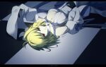  1girl absurdres arcueid_brunestud arcueid_brunestud_(mooncancer) bare_shoulders black_gloves blonde_hair blue_ribbon breasts choker cleavage detached_sleeves dress fate/grand_order fate_(series) gloves hand_on_own_stomach highres huge_breasts large_breasts looking_at_viewer on_floor red_eyes ribbon short_hair user_zcvc7734 white_dress 
