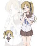 1girl blonde_hair blue_eyes blue_ribbon brown_sailor_collar brown_skirt chibi chibi_only ef_(visual_novel) hair_ribbon hayama_mizuki highres long_hair looking_at_viewer nyan_o2 pleated_skirt ribbon sailor_collar school_uniform short_sleeves skirt twintails white_background zoom_layer 