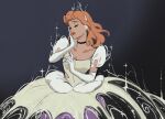  1girl ball_gown blonde_hair blue_dress choker cinderella_(disney_character) cinderella_(disney_movie) dress earrings elbow_gloves gloves gown highres jewelry long_hair looking_at_viewer masso princess princess_dress short_hair solo 