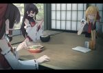  3girls absurdres aged_up ascot bare_shoulders black_hair black_leotard black_vest blonde_hair bow bowl breasts brown_eyes brown_hair chinese_commentary chopsticks closed_eyes closed_mouth clothing_cutout collared_shirt commentary_request covered_collarbone detached_sleeves eating ex-rumia expressionless food food_on_face frilled_hair_tubes frills hair_between_eyes hair_bow hair_tubes hakurei_reimu highres hip_vent holding holding_chopsticks holding_food jager leotard letterboxed long_hair mole mole_under_eye multiple_girls noodles onigiri open_mouth osana_reimu ramen red_ascot red_bow red_ribbon red_shirt red_skirt ribbon ribbon-trimmed_sleeves ribbon_trim rice rice_on_face rumia sendai_hakurei_no_miko shirt short_sleeves skirt sleeveless sleeveless_shirt smile steam table tatami touhou very_long_hair vest white_shirt yellow_ascot yellow_eyes 