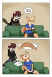  absurd_res anthro canid canine canis controller dialogue domestic_dog domestic_ferret duo female furniture game_controller hi_res mammal mustela mustelid musteline shiba_inu sofa spitz sycotei-b true_musteline 