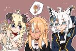  3girls :3 adjusting_hair ahoge animal_ear_fluff animal_ears arm_behind_head ascot bangs blonde_hair blue_ascot blue_eyes blue_jacket braid brown_background closed_eyes commentary_request corset flying_sweatdrops fox_ears fox_girl green_eyes hair_between_eyes hair_ornament hololive horns jacket long_hair looking_at_another multicolored_hair multiple_girls neck_ribbon pointy_ears pout red_ribbon ribbon rokunen sheep_horns shirakami_fubuki shiranui_flare shirt sidelocks simple_background single_braid smile streaked_hair sweatdrop tsunomaki_watame virtual_youtuber white_hair white_shirt 