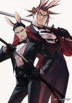  2boys angry animal_ears bara belt black_pants black_suit bow bowtie copyright_request fate/grand_order fate_(series) highres holding holding_sword holding_weapon katana male_focus multiple_boys muscular muscular_male pants rabbit_ears red_hair red_suit renga2250 scabbard sheath smile suit sword takechi_zuizan_(fate) tanaka_shinbei_(fate) weapon 