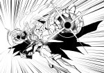  digimon digimon_(creature) energy_ball floating_hair forehead_jewel gracenovamon highres hisuikouha mecha monochrome motion_lines robot simple_background solo speed_lines white_background 