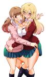  2girls ;p black_socks blonde_hair blue_eyes blush breast_press breasts brown_eyes brown_hair cardigan clothes_lift collared_shirt commentary_request feet_out_of_frame green_skirt hair_ornament hair_scrunchie highres hug kuzuryuu_hanako large_breasts lifting_another's_clothes long_hair long_sleeves looking_at_viewer multiple_girls one_eye_closed pink_cardigan pink_scrunchie pleated_skirt red_cardigan school_uniform scrunchie shirt simple_background skirt skirt_lift smile socks sogabe_toshinori symmetrical_docking tongue tongue_out twintails ushigome_yuna white_background white_shirt yankee_jk_kuzuhana-chan 