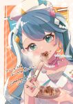  1girl absurdres aqua_eyes aqua_hair aqua_nails beret blush bow bowtie chopsticks cropped_jacket food hair_between_eyes hair_ornament hat hatsune_miku highres holding holding_chopsticks jacket long_hair long_sleeves magical_mirai_(vocaloid) magical_mirai_miku magical_mirai_miku_(2024) multicolored_nails official_alternate_costume official_alternate_hairstyle open_mouth pink_bow pink_bowtie pink_nails solo takoyaki translation_request twintails umi_1125peinter white_hat white_jacket 
